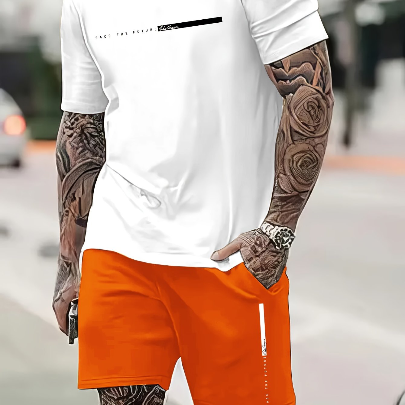 2Pcs Summer Comfy Outfits - Paris Pattern Print Short Sleeve Crew Neck T-shirt & Jogger Shorts Set for Men - Soft Slight Stretch Polyester Fabric, Regular Fit, Hand Washable, Casual Style