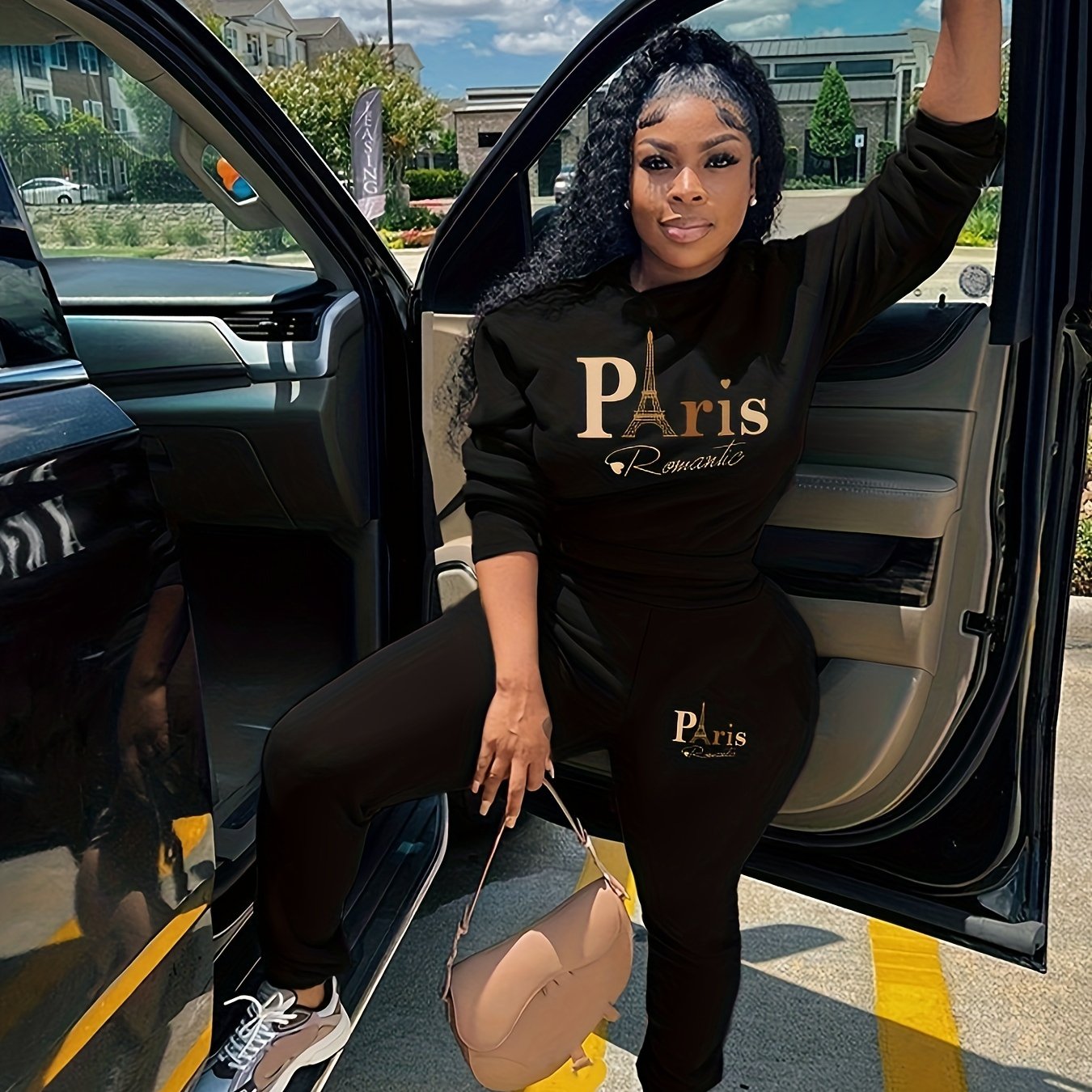 Paris Print Casual Pants Set, Crew Neck Long Sleeve Sweatshirt & Pocket Pants Outfits, Women's Clothing