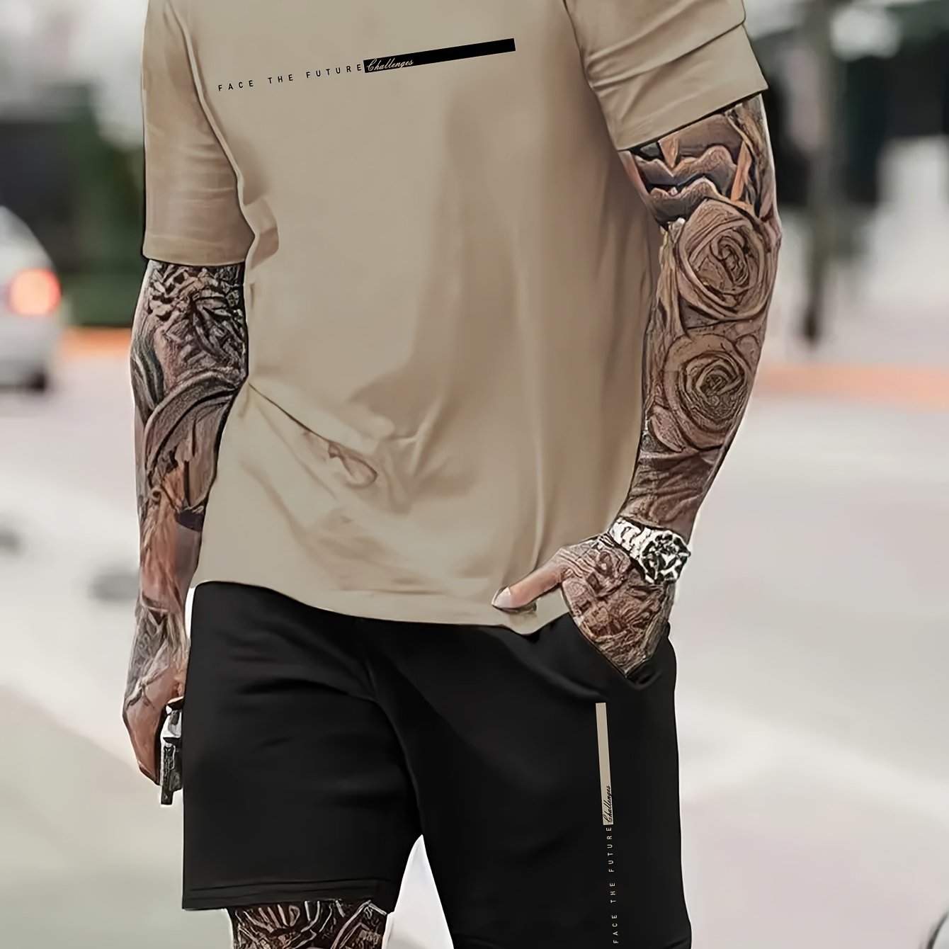 2Pcs Summer Comfy Outfits - Paris Pattern Print Short Sleeve Crew Neck T-shirt & Jogger Shorts Set for Men - Soft Slight Stretch Polyester Fabric, Regular Fit, Hand Washable, Casual Style