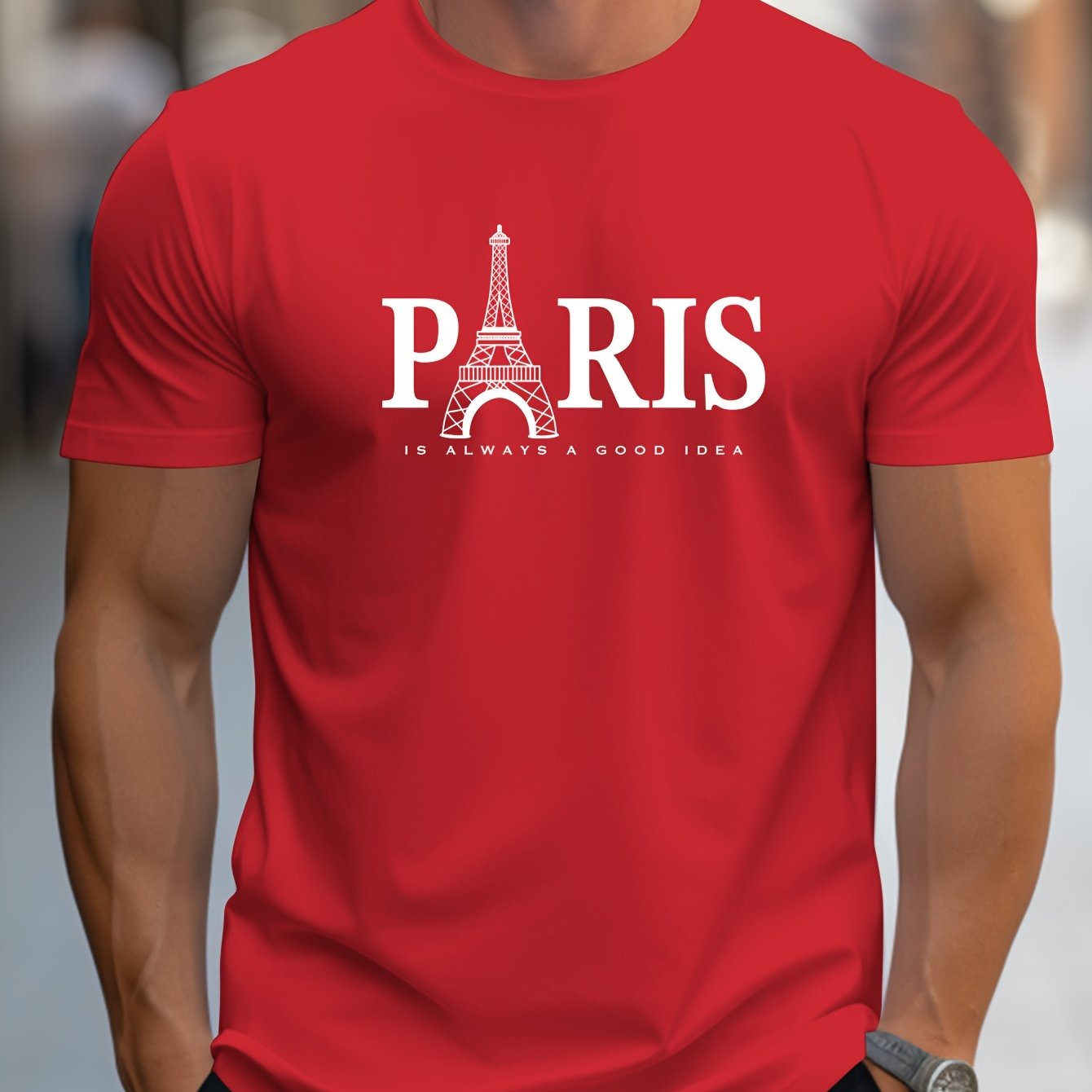 Men's Paris Eiffel Tower Graphic Tee - Casual Crew Neck, Short Sleeve T-Shirt with Stretch Fabric, Machine Washable - Summer Essential