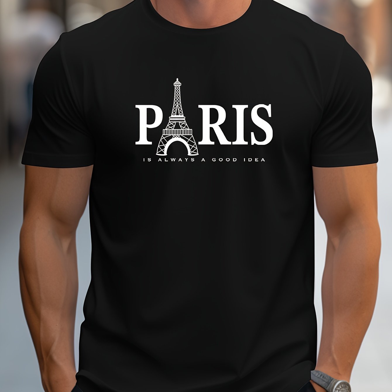 Men's Paris Eiffel Tower Graphic Tee - Casual Crew Neck, Short Sleeve T-Shirt with Stretch Fabric, Machine Washable - Summer Essential