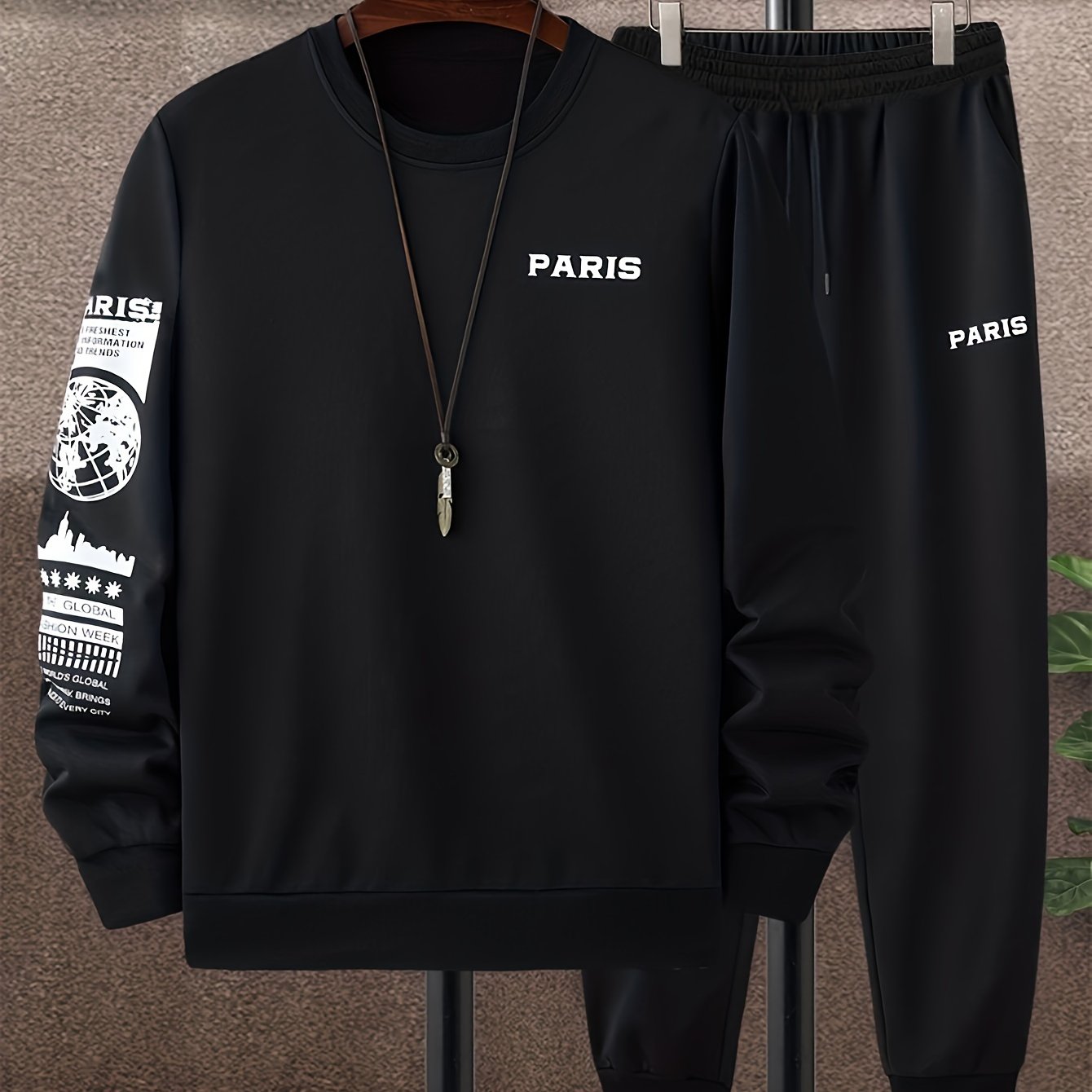PARIS Print Men's 2-piece Streetwear Set, Men's Trendy Long Sleeve Round Neck Sweatshirt & Long Sports Trousers Set, Spring Fall Outfit