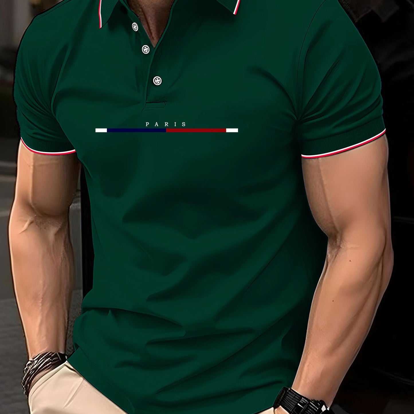 Men'S Stylish Black Polo Shirt with "PARIS" Print - Red & White Stripes, Casual Summer Wear, Breathable & Comfortable, Perfect for Outdoor Activities & Casual Events, Casual Summer Shirt|Stylish Casualwear|Comfortable Fit