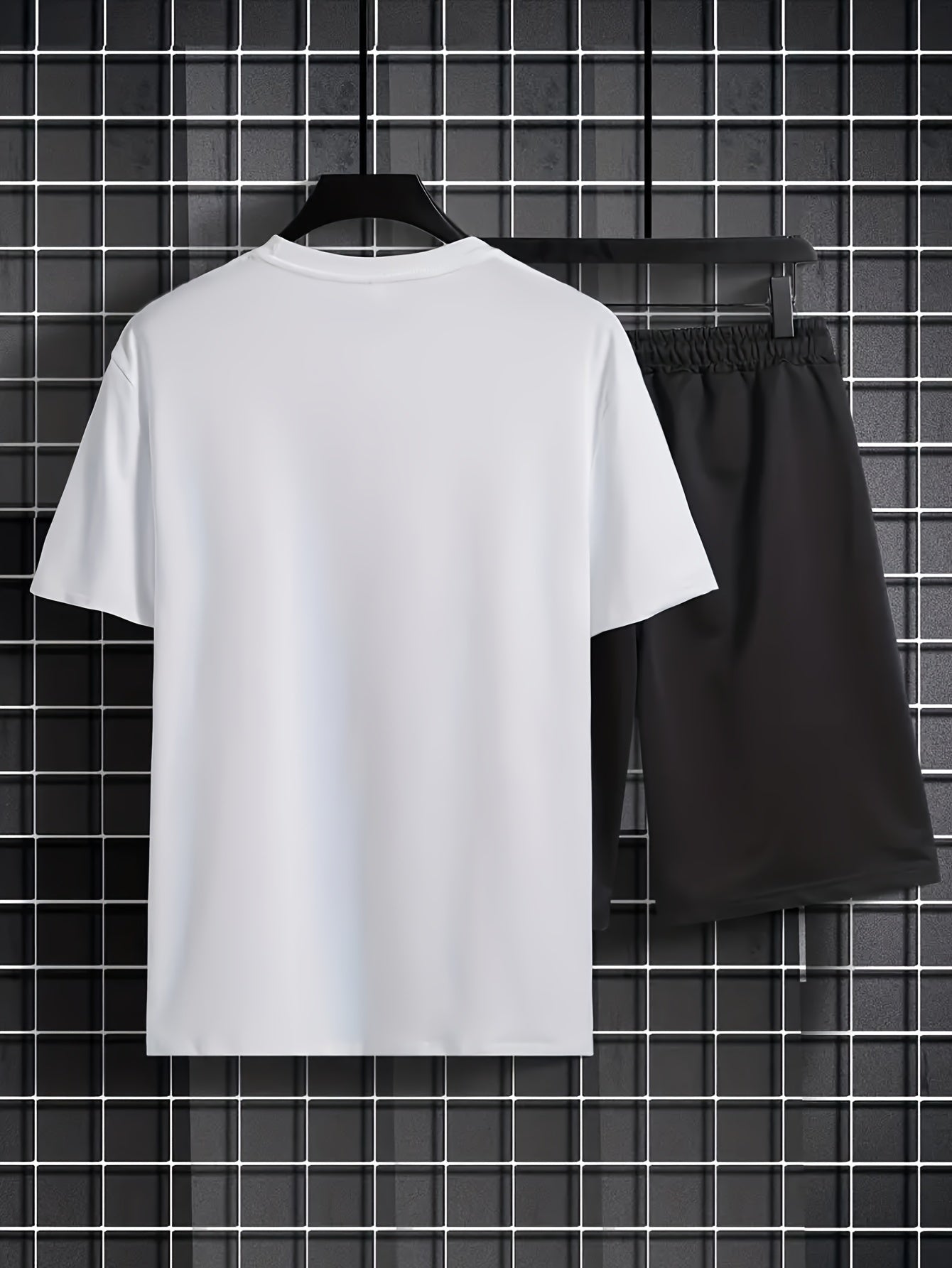 2Pcs Summer Comfy Outfits - Paris Pattern Print Short Sleeve Crew Neck T-shirt & Jogger Shorts Set for Men - Soft Slight Stretch Polyester Fabric, Regular Fit, Hand Washable, Casual Style