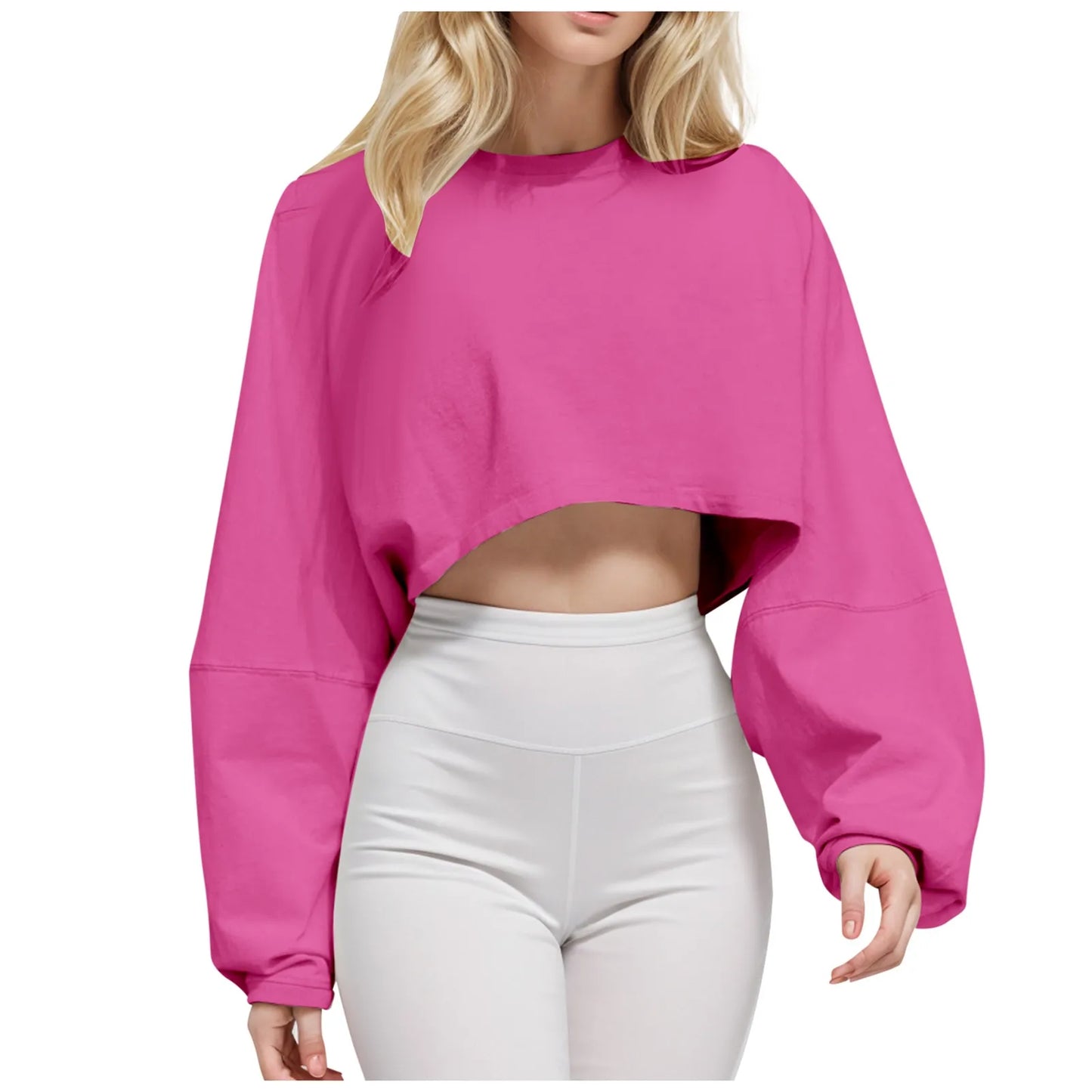 New Fashion Cropped Top Women'S Crew Neck Loose Short Sport Base T Shirt Long Sleeve Plus Size Blouse Womens Streetwear Fitted