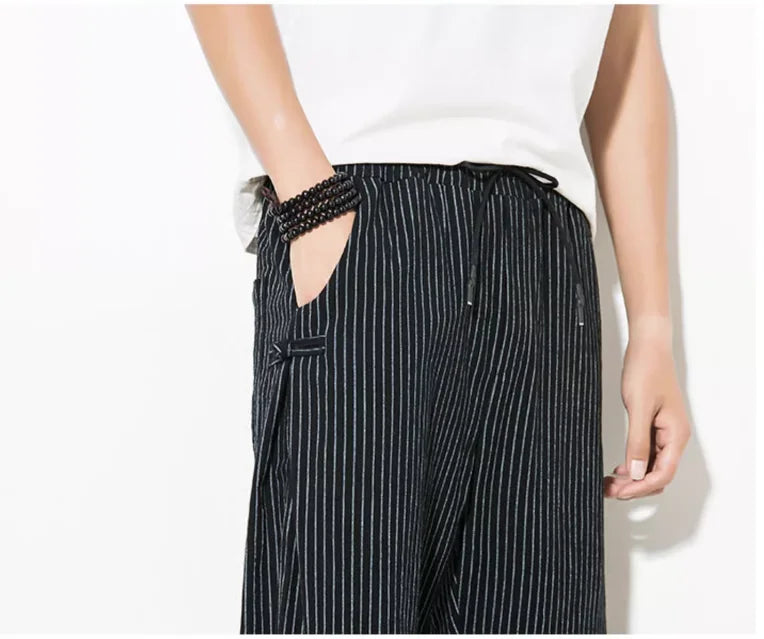 Japanese Style Summer Thin Section Stripes Harem Pants Men Cotton Fashion Disc Buckle Breathable Linen Pants Men Plus Size 5XL