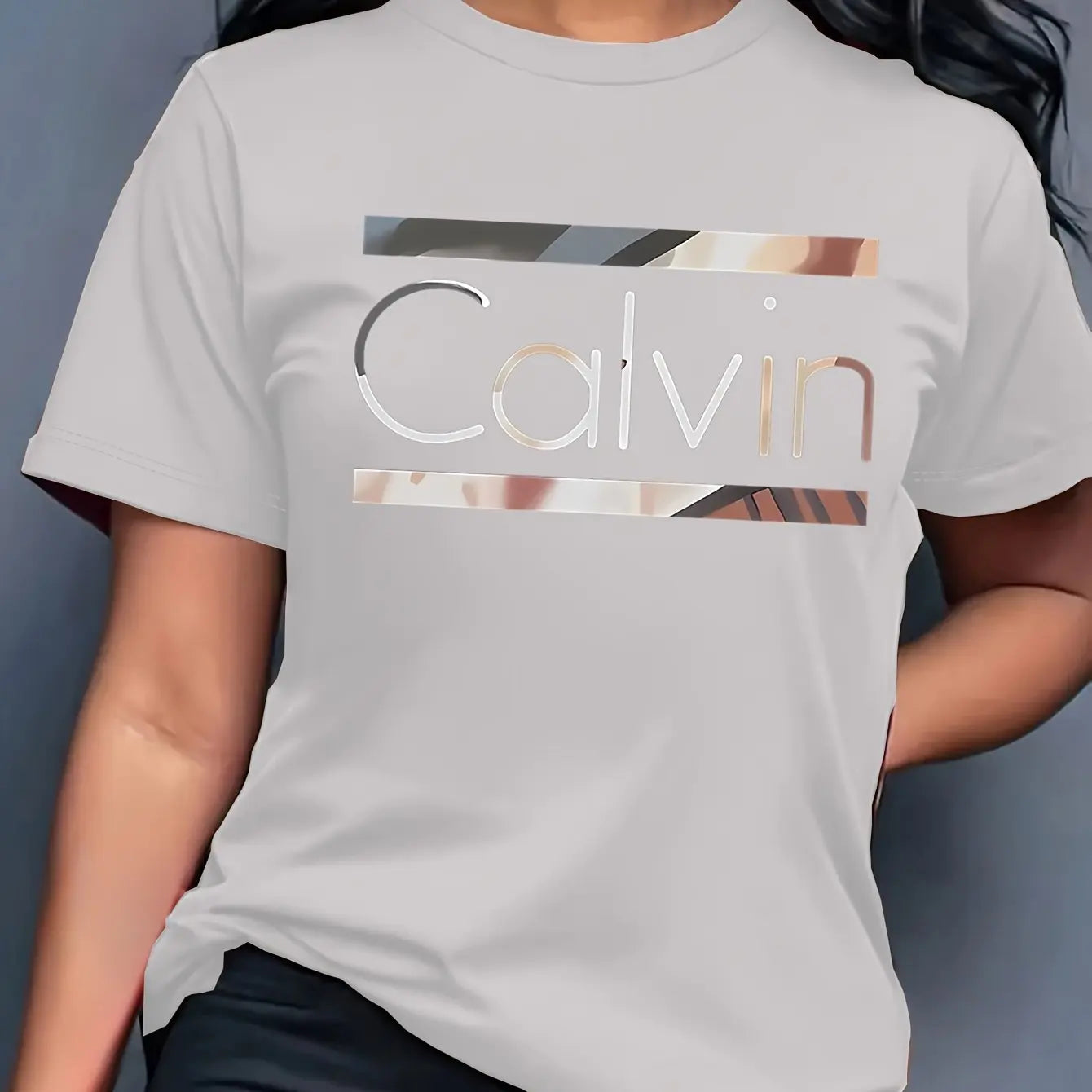Women's Summer 100% Cotton Fashion Casual Calvin Letter Pattern Printed Loose Round Neck Short Sleeve T-shirt Top