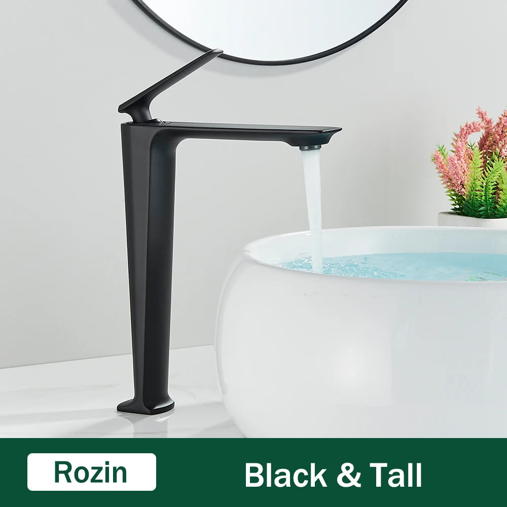 Rozin Matte Black Basin Faucet Deck Mounted Brass Bathroom Sink Faucets Single Lever Bathroom Crane Hot Cold Water Mixer Taps