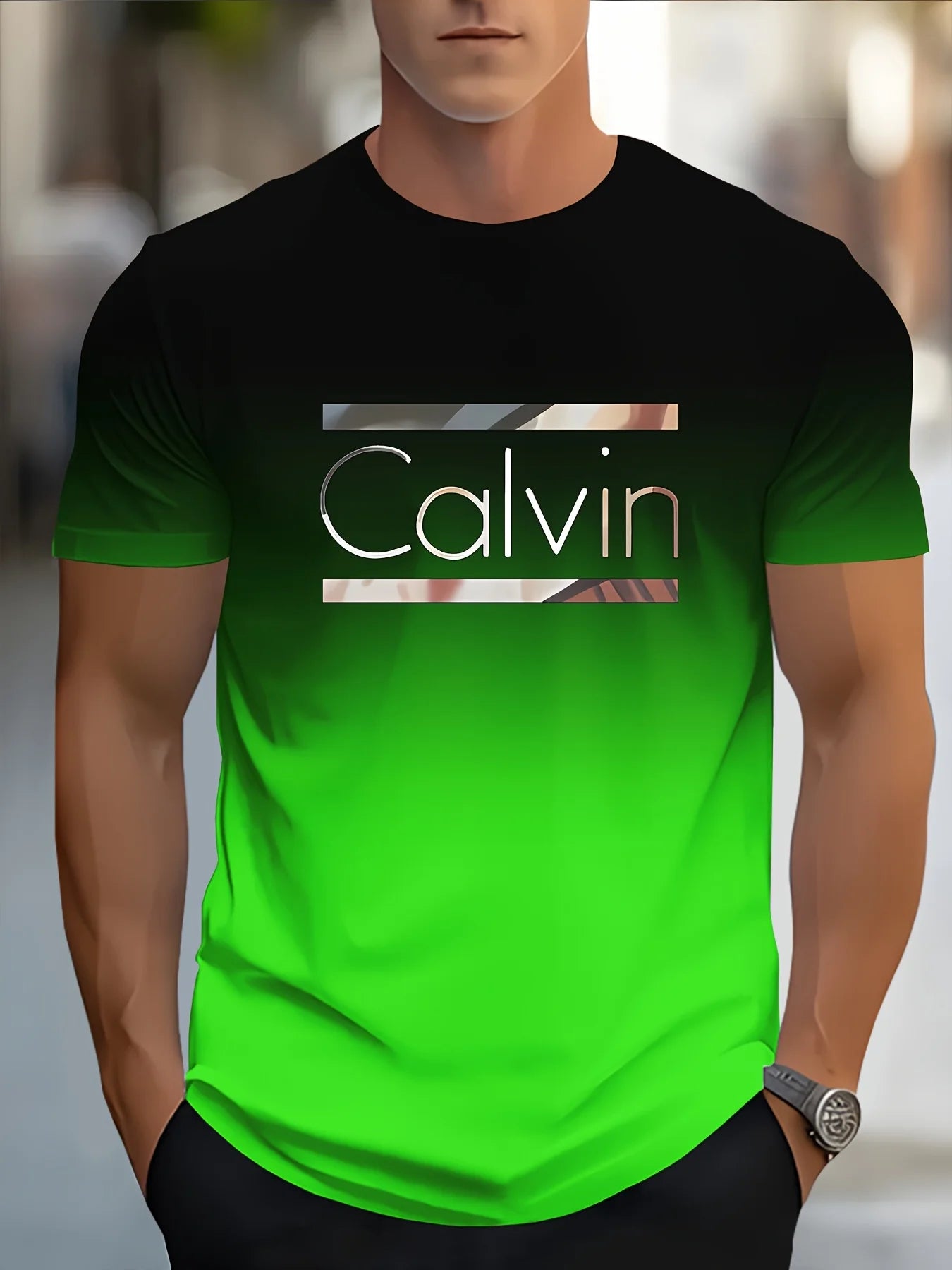 Men'S Customizable "Calvin" Gradient Print T-Shirt - Casual Crew Neck, Short Sleeve, Slight Stretch Fabric 100%polyster