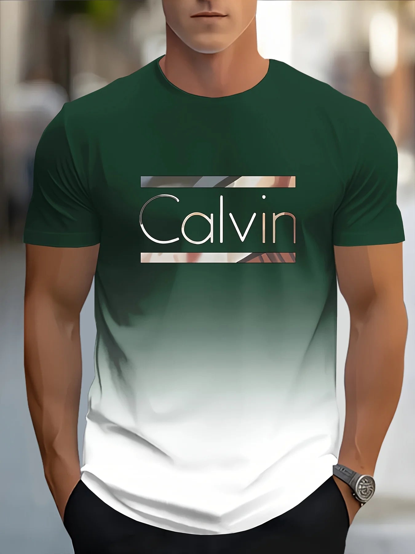 Men'S Customizable "Calvin" Gradient Print T-Shirt - Casual Crew Neck, Short Sleeve, Slight Stretch Fabric 100%polyster