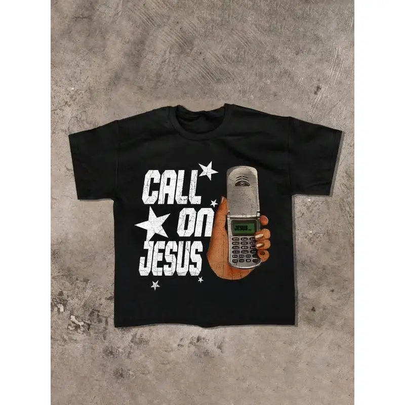 Call On Jesus T-Shirt Vintage Phone Graphic Tee Unisex Streetwear Faith-Based Top for Christian Gifts, Prayer or Casual Wear