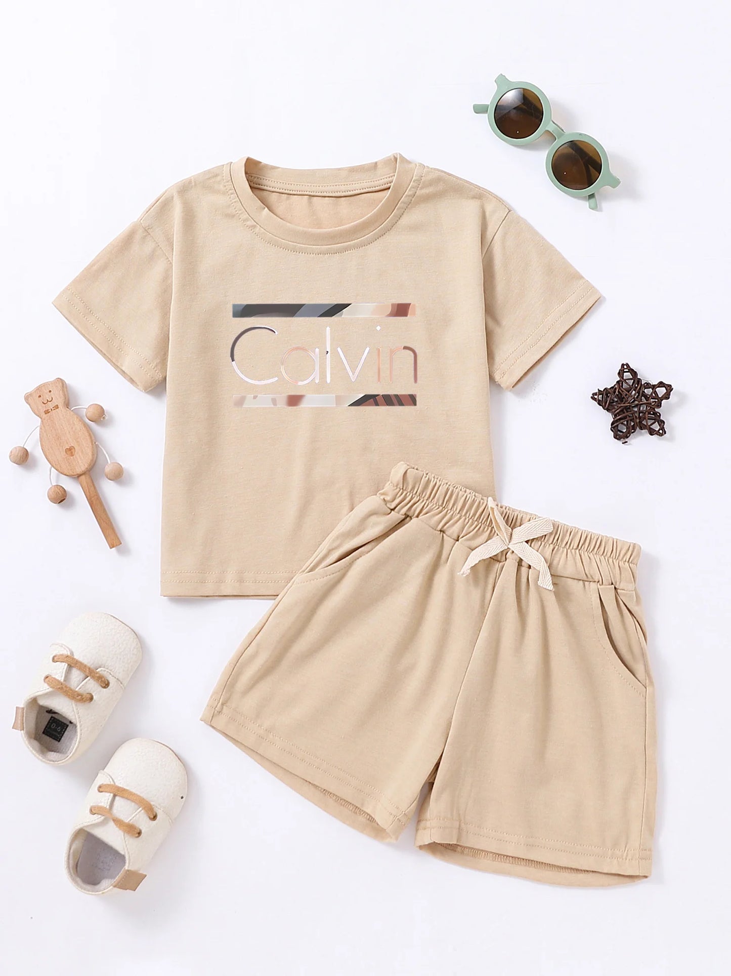 Children Calvin Letter Print Suits Cotton T-shirts + Shorts 2PCS Clothes Sets Boys Girls Fashion Outfits 1-7Y