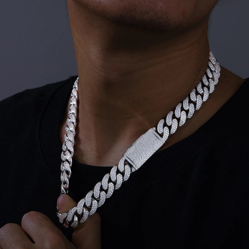 New 8-20mm S925 Sterling Silver Setting Cuban VVS Moissanite Link Miami Chain Necklace For Men Singer Style Rap Hip Hop Jewelry