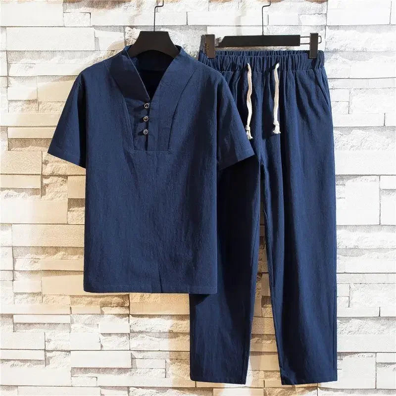Chinese Style Linen Suit Men's Summer Short Sleeve Hanfu Ancient Buddhist System Zhenshi V-neck T-shirt Cotton Linen 2-piece Set