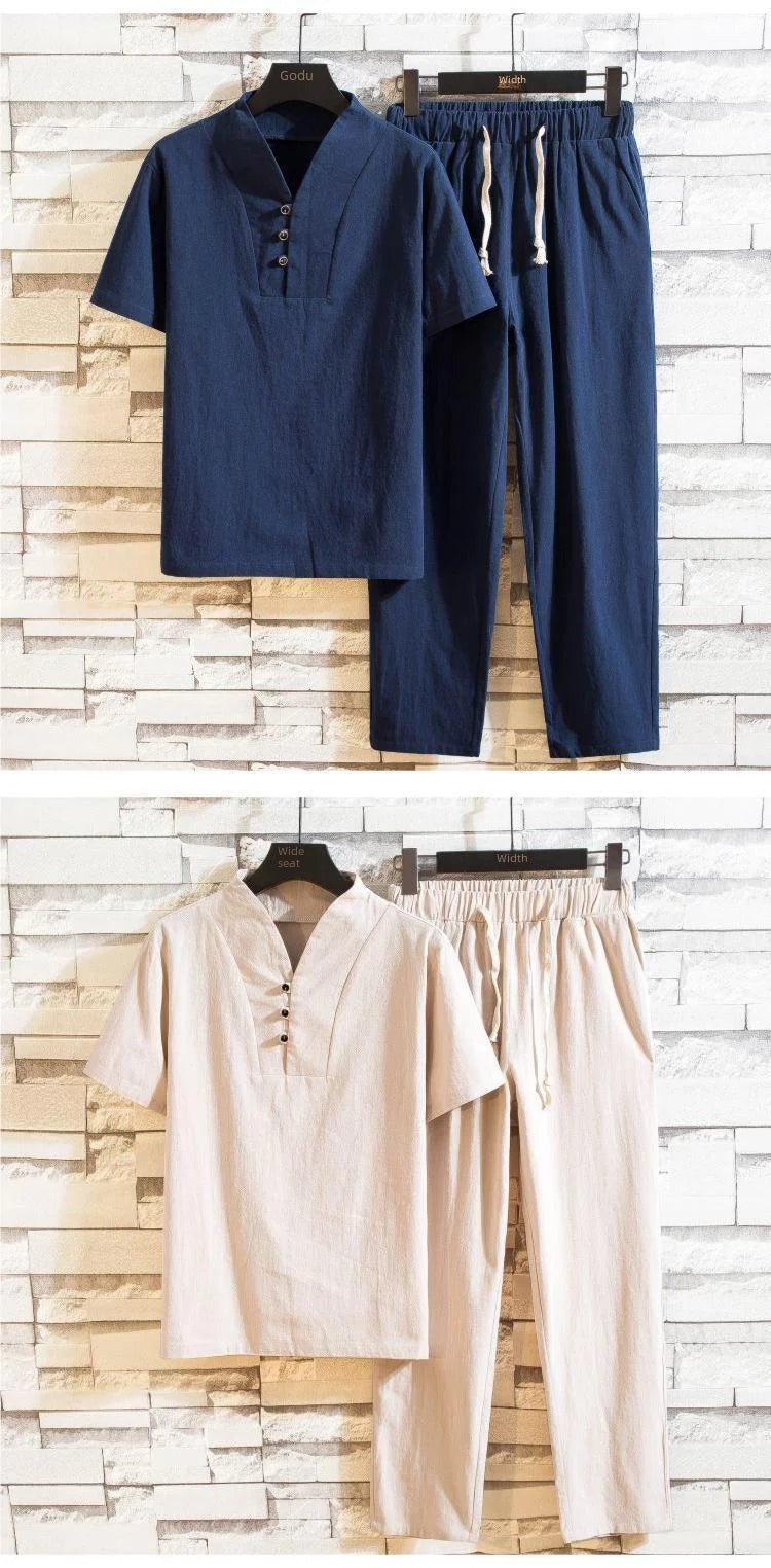 Chinese Style Linen Suit Men's Summer Short Sleeve Hanfu Ancient Buddhist System Zhenshi V-neck T-shirt Cotton Linen 2-piece Set