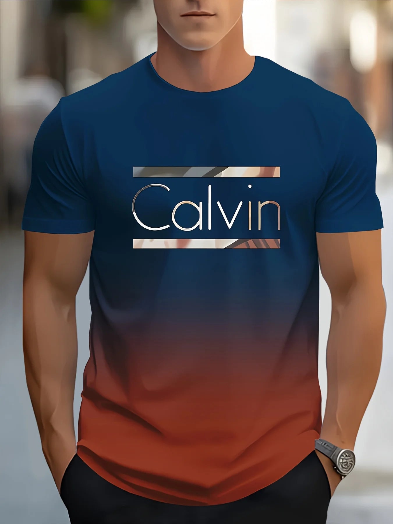 Men'S Customizable "Calvin" Gradient Print T-Shirt - Casual Crew Neck, Short Sleeve, Slight Stretch Fabric 100%polyster