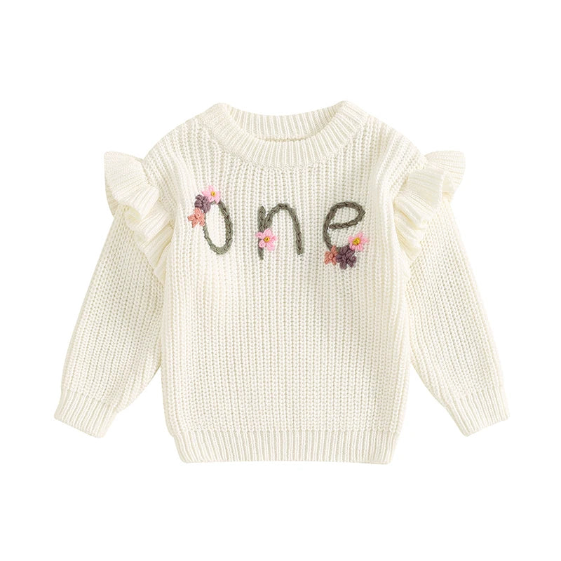 2024-05-23 Lioraitiin Newborn Baby Girl Birthday Sweater Casual Floral Letter Embroidery Warm Knitted Pullover Infant Knitwear
