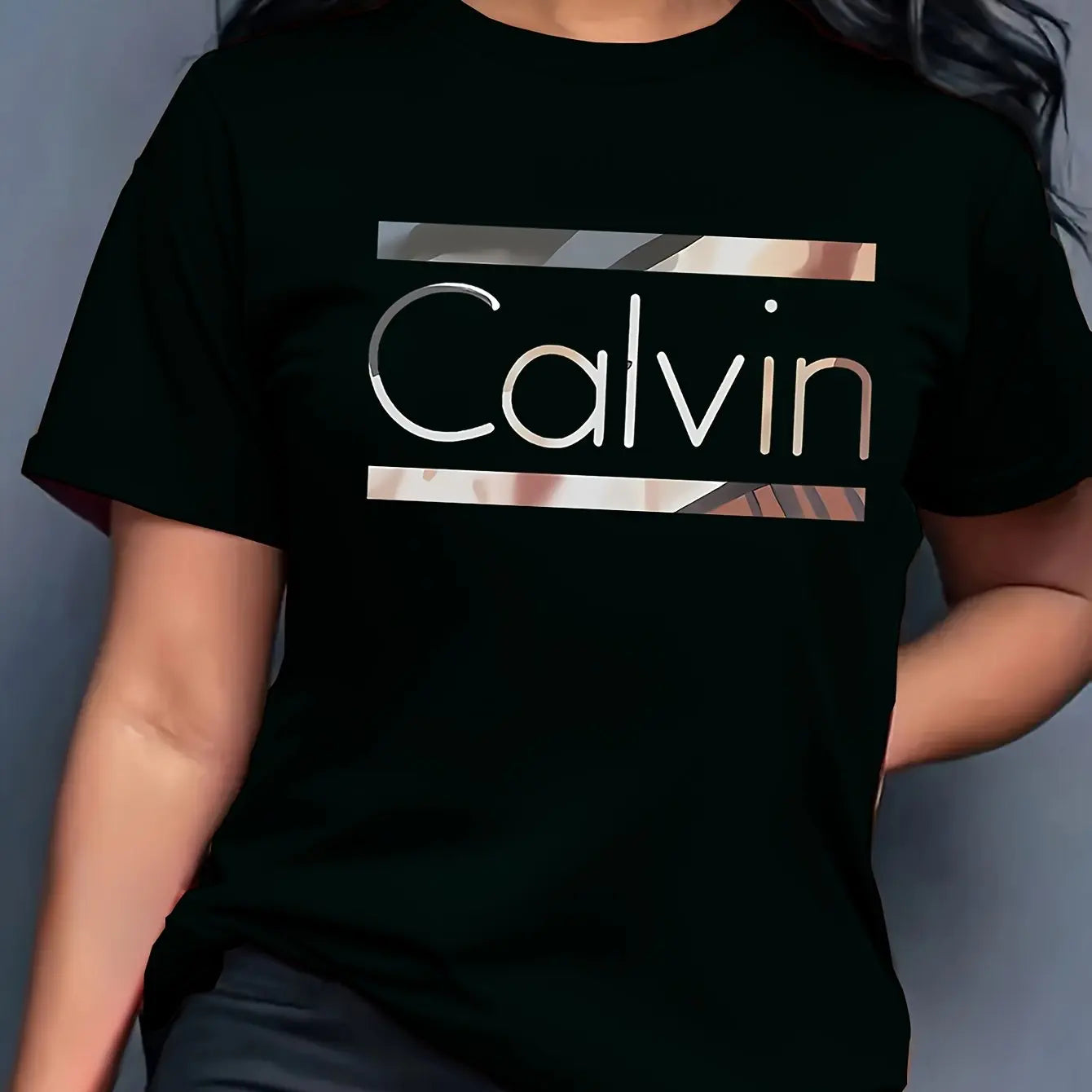 Women's Summer 100% Cotton Fashion Casual Calvin Letter Pattern Printed Loose Round Neck Short Sleeve T-shirt Top