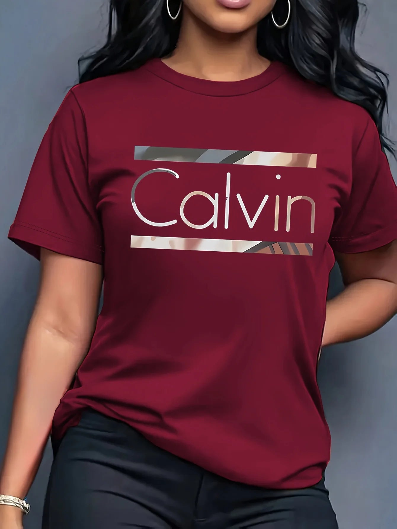 Women's Summer 100% Cotton Fashion Casual Calvin Letter Pattern Printed Loose Round Neck Short Sleeve T-shirt Top