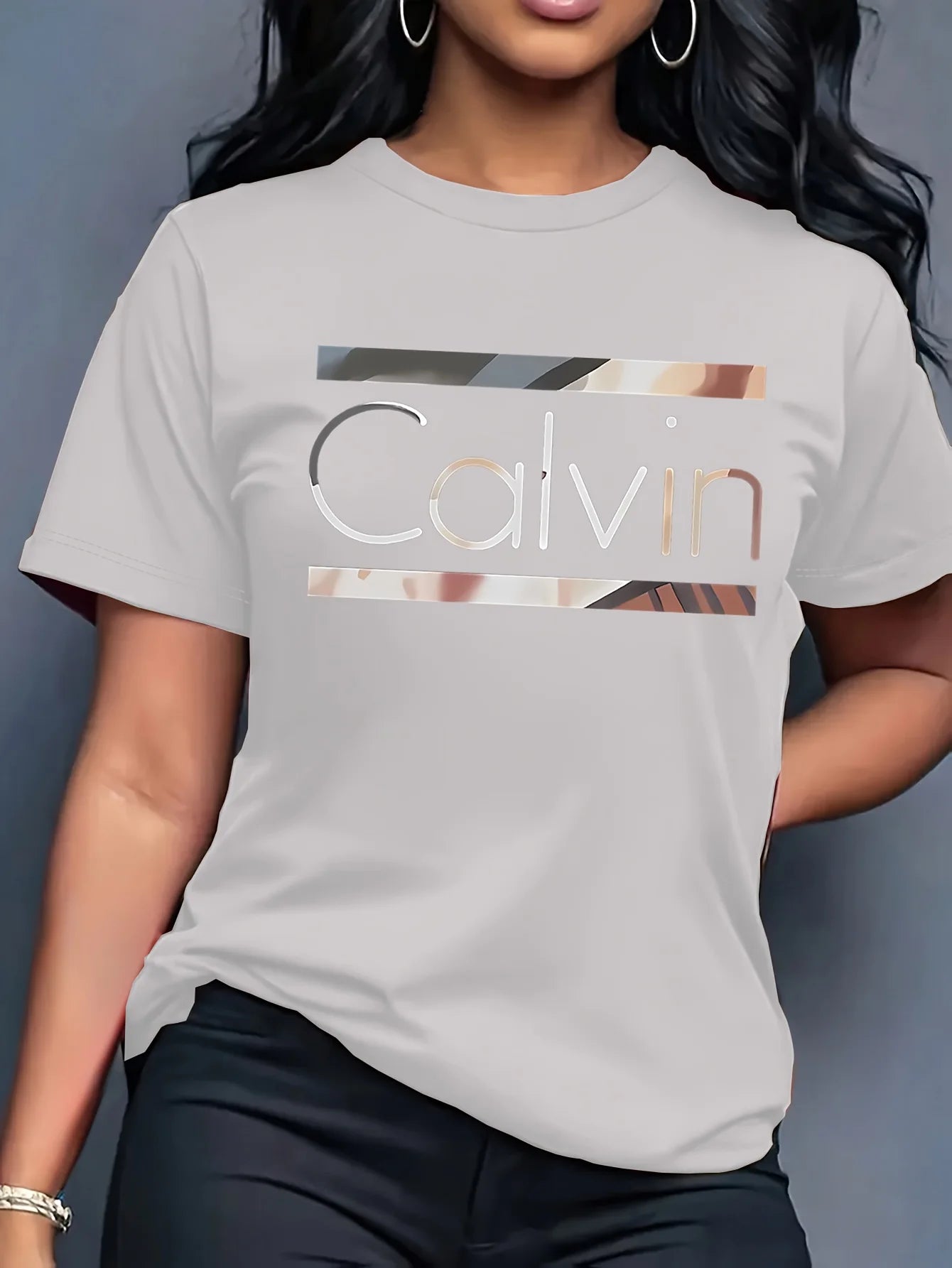Women's Summer 100% Cotton Fashion Casual Calvin Letter Pattern Printed Loose Round Neck Short Sleeve T-shirt Top