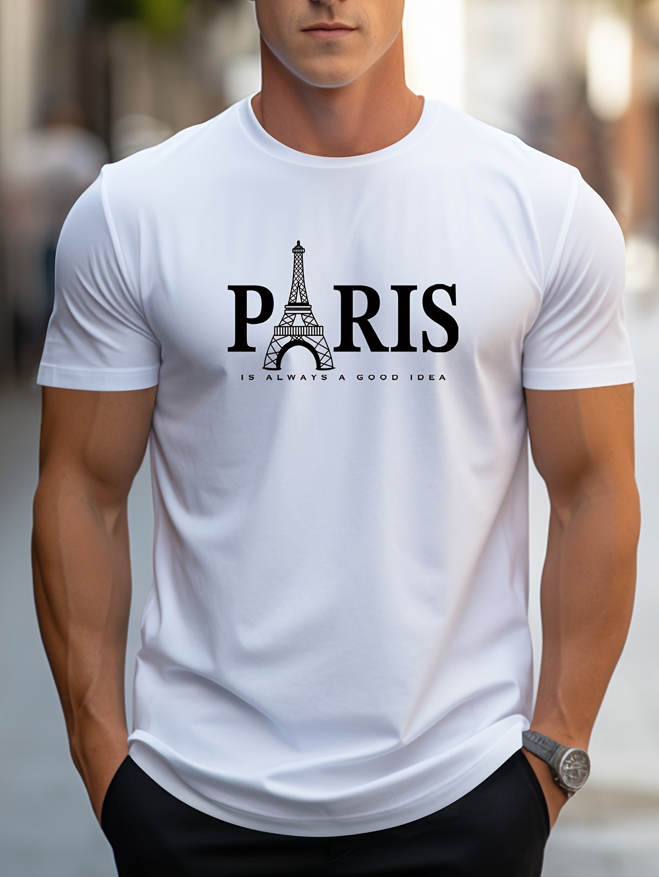 Men's Paris Eiffel Tower Graphic Tee - Casual Crew Neck, Short Sleeve T-Shirt with Stretch Fabric, Machine Washable - Summer Essential