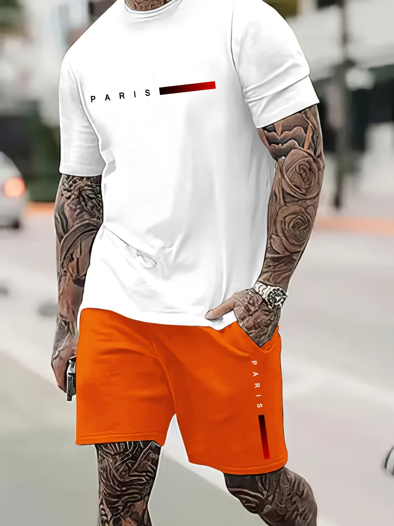 2Pcs Summer Comfy Outfits - Paris Pattern Print Short Sleeve Crew Neck T-shirt & Jogger Shorts Set for Men - Soft Slight Stretch Polyester Fabric, Regular Fit, Hand Washable, Casual Style