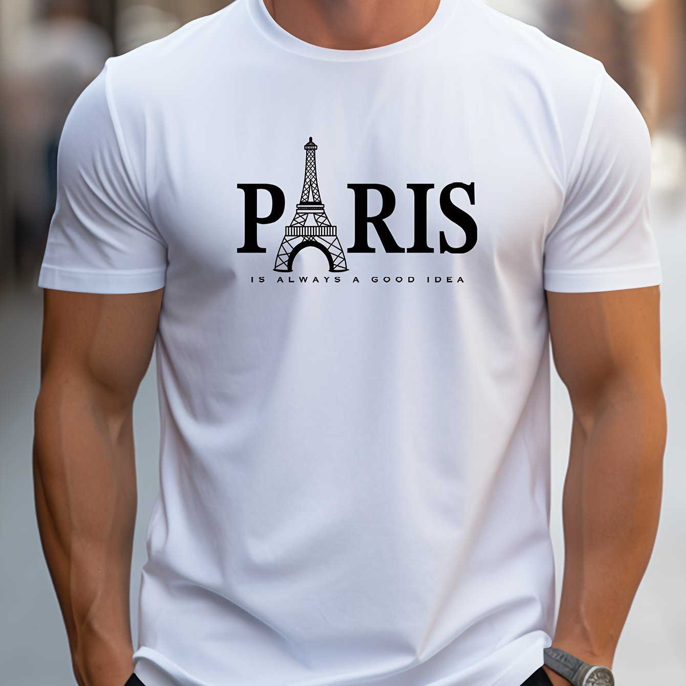 Men's Paris Eiffel Tower Graphic Tee - Casual Crew Neck, Short Sleeve T-Shirt with Stretch Fabric, Machine Washable - Summer Essential