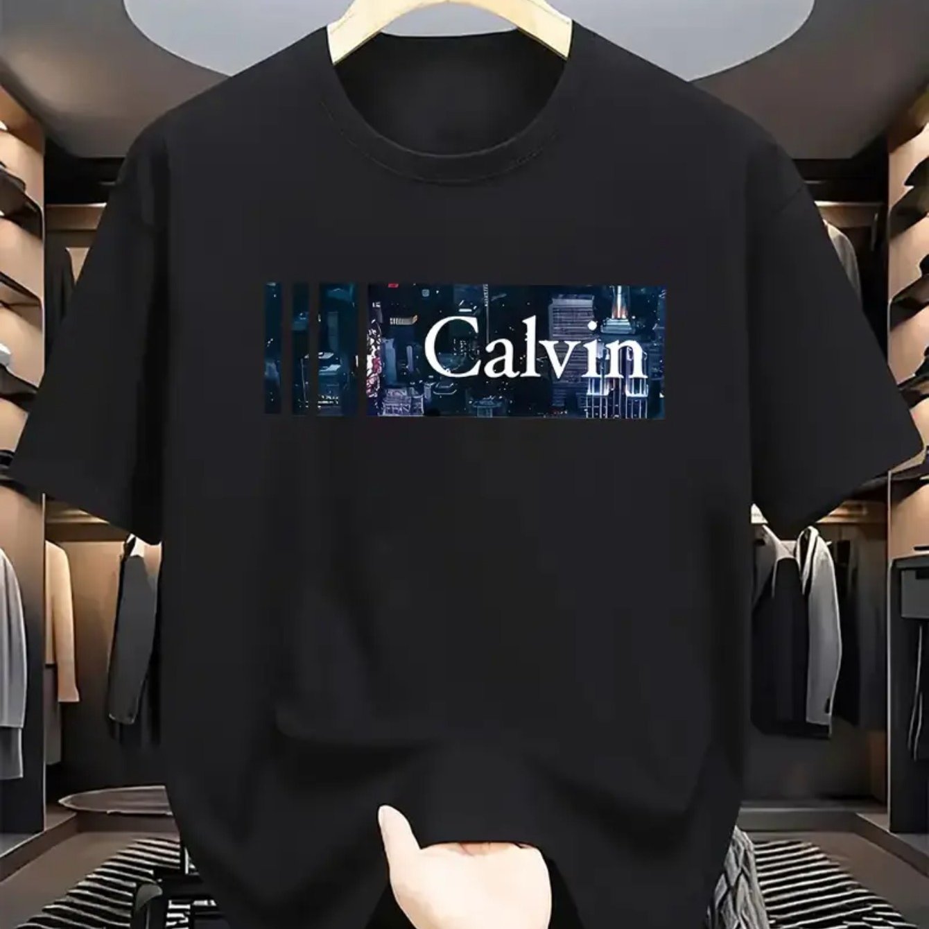 Bold "CALVIN" Letter Print 100% Cotton T-Shirt - Unisex Relaxed Fit Casual Tee with Urban Graphic Design, Machine Washable Novelty Gift for Friends, Family, Classmates