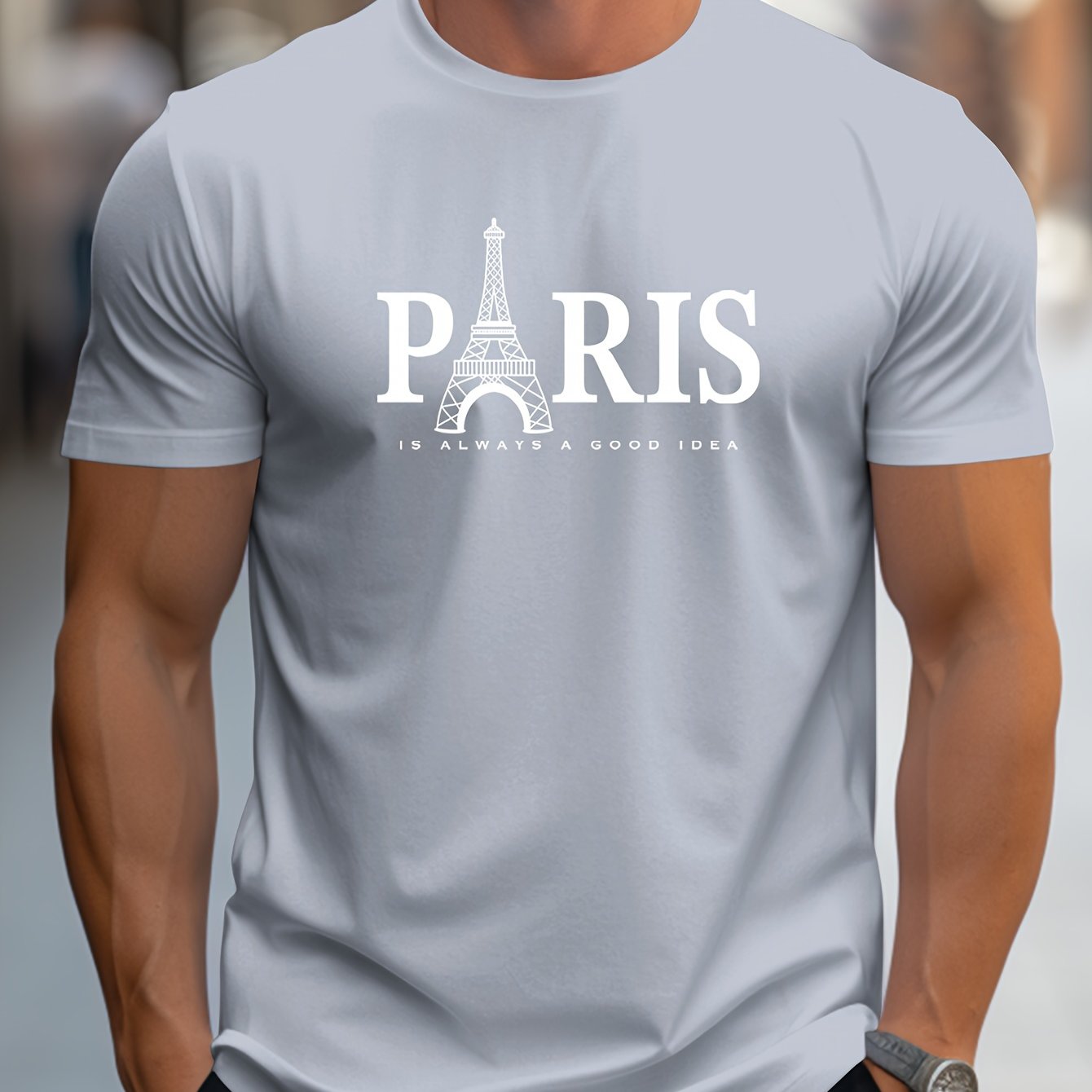 Men's Paris Eiffel Tower Graphic Tee - Casual Crew Neck, Short Sleeve T-Shirt with Stretch Fabric, Machine Washable - Summer Essential