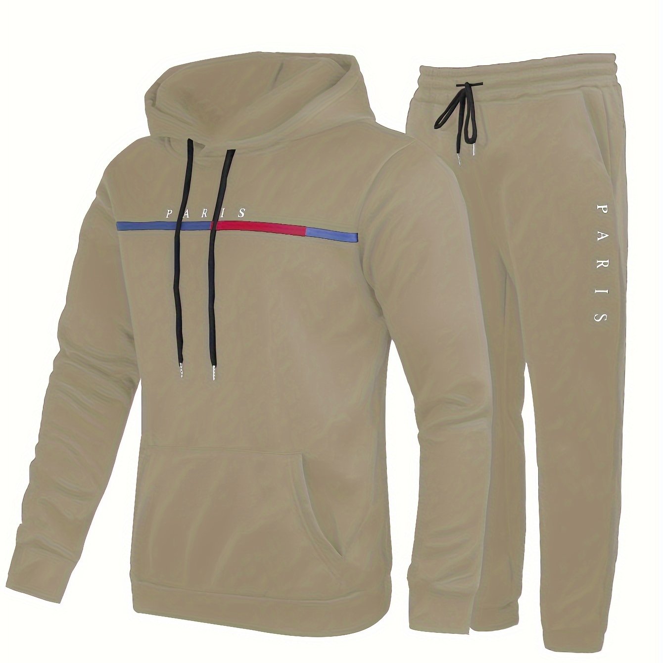 Paris Print, Men's 2Pcs Outfits, Casual Hoodies Long Sleeve Pullover Hooded Sweatshirt And Sweatpants Joggers Set For Spring Fall, Men's Clothing
