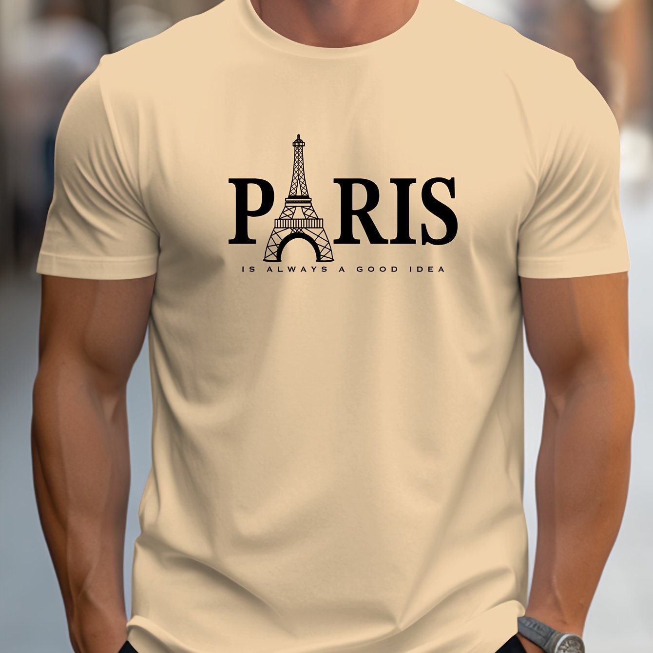 Men's Paris Eiffel Tower Graphic Tee - Casual Crew Neck, Short Sleeve T-Shirt with Stretch Fabric, Machine Washable - Summer Essential