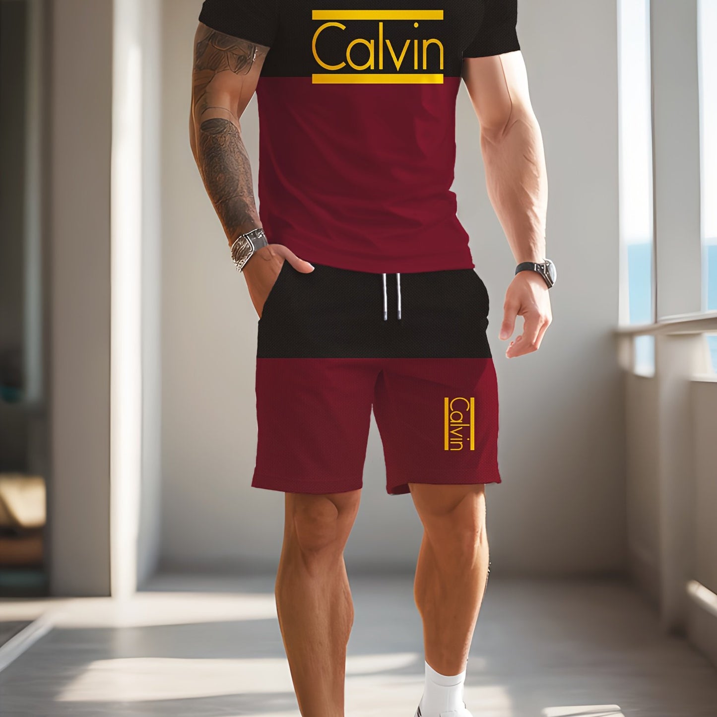 Men'S Casual Street Style 3D Quick-Dry Crew Neck Short Sleeve T-Shirt & Beach Shorts Set - Vibrant Pink with "Calvin" Letter Print, Lightweight Summer Outfit for Casual Attire, Beach Attire|Vibrant Print Tee|Lightweight Fabri