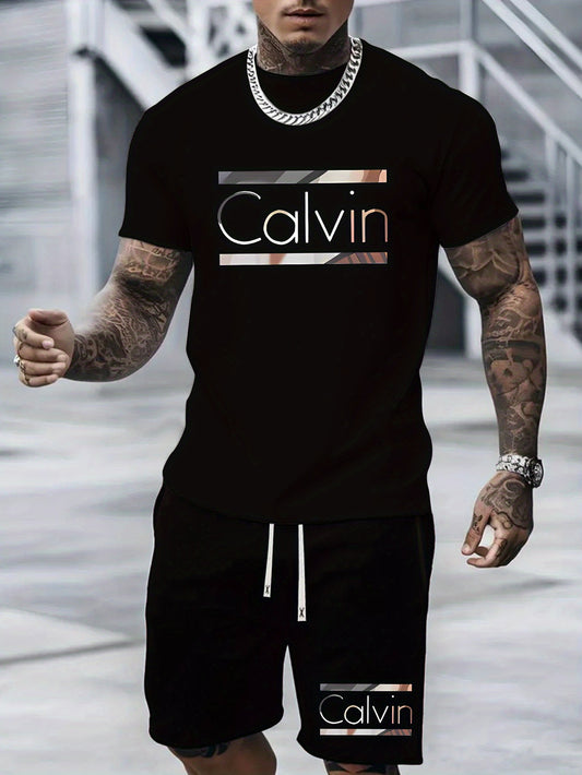 New Men's leisure sports and leisure suit crew neck t-shirt short sleeves + shorts, CALVIN letter geometric lines decorative printing, fashionable, comfortable and breathable, suitable for outdoor activities summer two