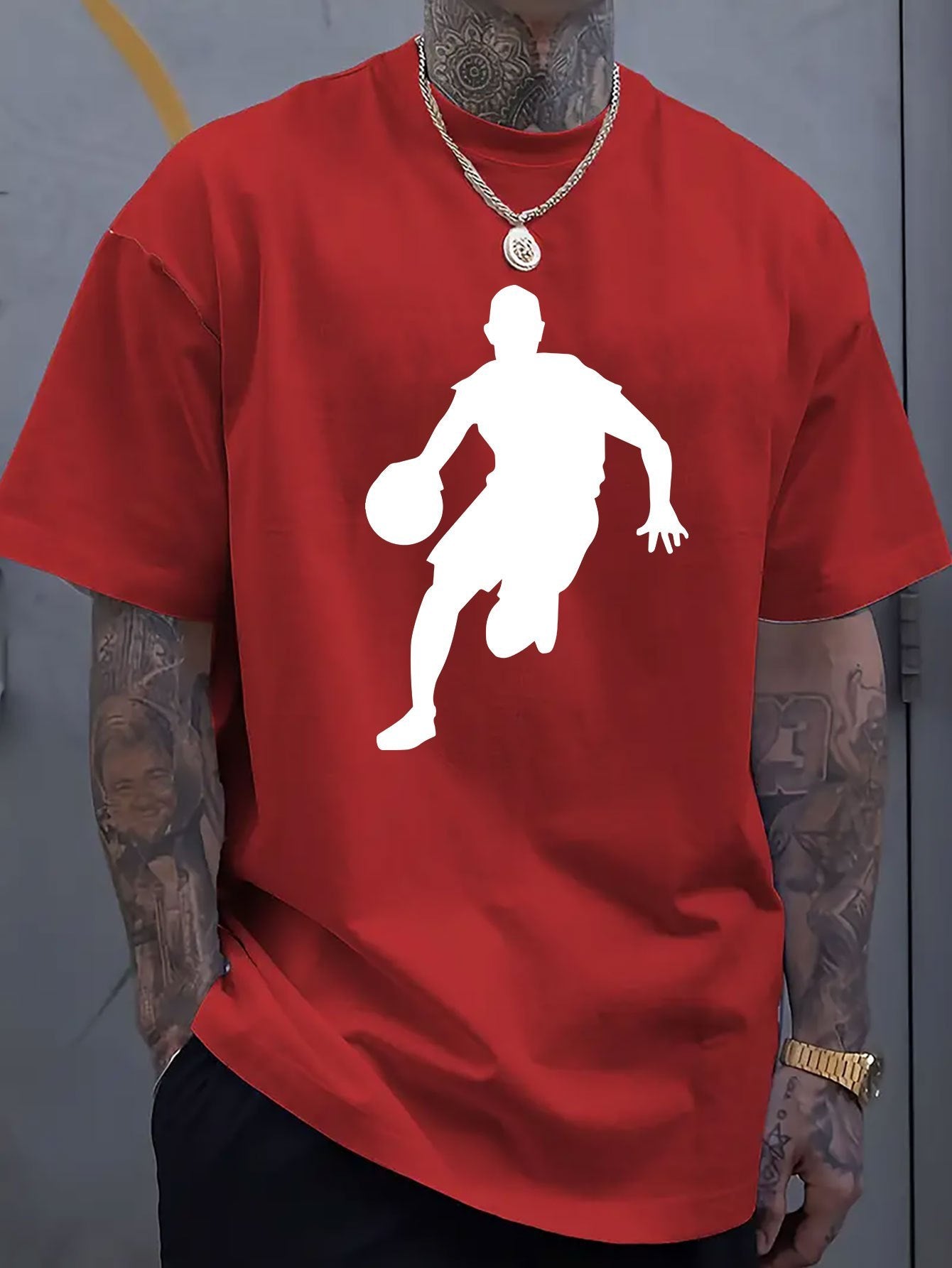 Single-Sided Printed Round Neck Short Sleeve T-Shirt, Basketball Pattern Printed Men's Round Neck Short Sleeve T-Shirt, Fashionable T-Shirt, Comfortable Breathable 2D Men's T-shirt Printed T-shirt Comfortable T-shirt