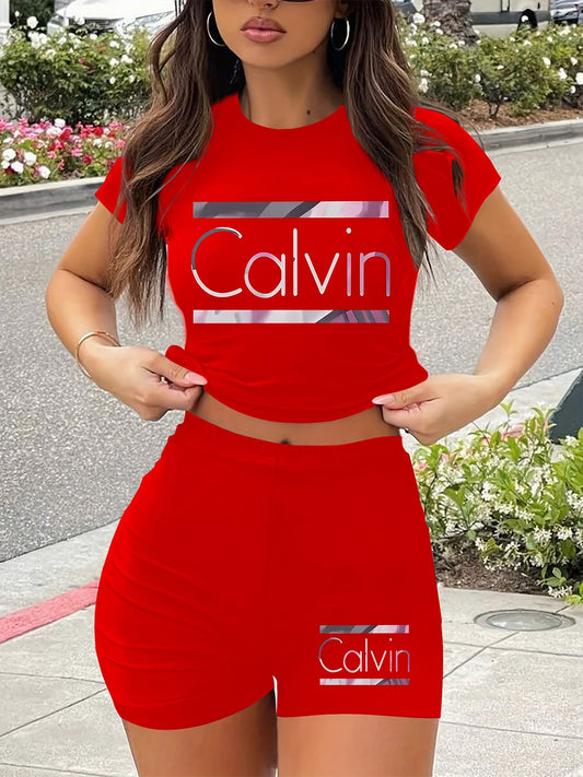 Women'S Calvin Print Red Two-Piece Casual Sportswear Set - Short Sleeve Crop Top & High-Waisted Shorts, Stretchy Polyester Blend, Round Neck, All-Season Comfort, High Waisted