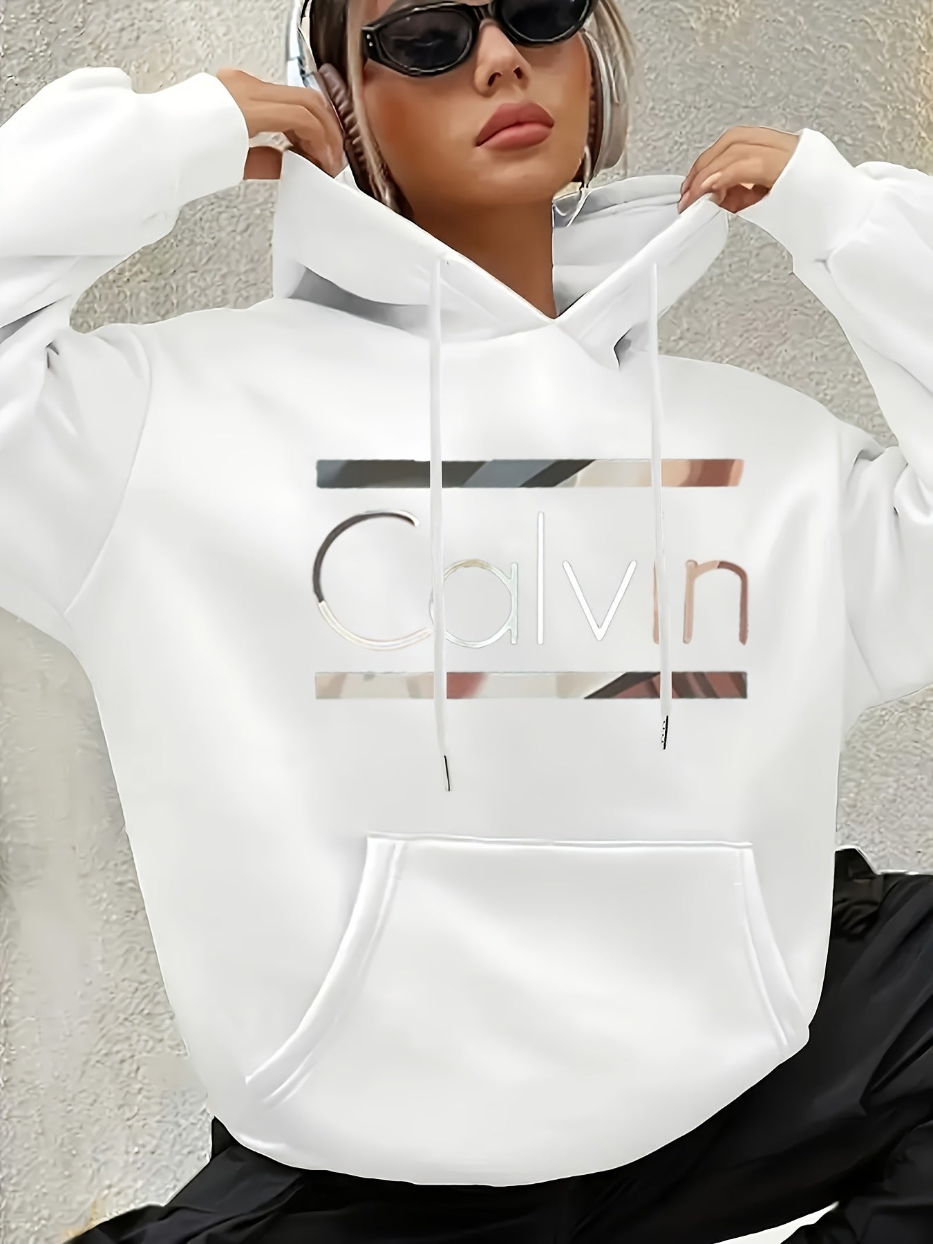 [Cozy Calvin Hoodie] Cozy Polyester Women's "Calvin" Graphic Hoodie | Casual Green Letter Print Pullover with Drawstrings, Long Sleeves, and Front Pocket