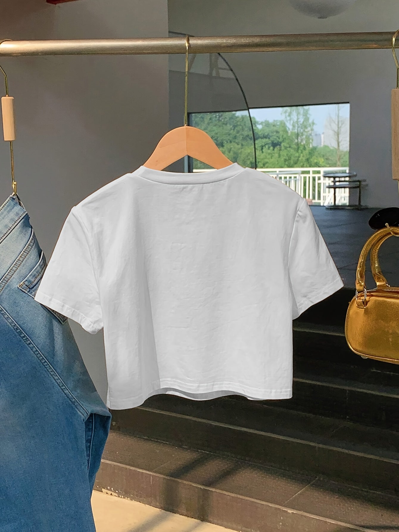 [Y2K Style Calvin Tee] Calvin Graphic Print Short Sleeve T-Shirt | Y2K Style, Spring/Summer White Tee with Golden Details, Casual & Stylish, Youthful Fashion | Comfortable Fit, Ladies T Shirts, Bold Lettering Top