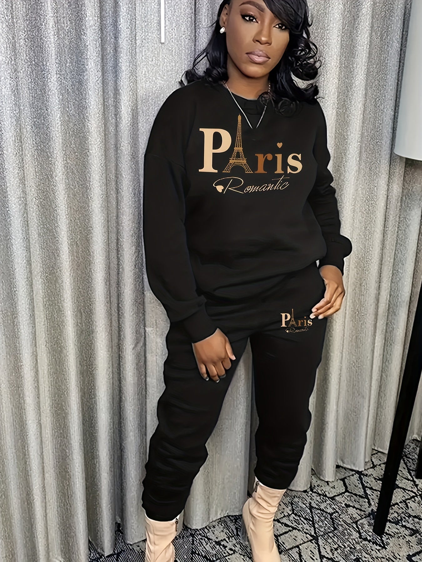 Paris Print Casual Pants Set, Crew Neck Long Sleeve Sweatshirt & Pocket Pants Outfits, Women's Clothing