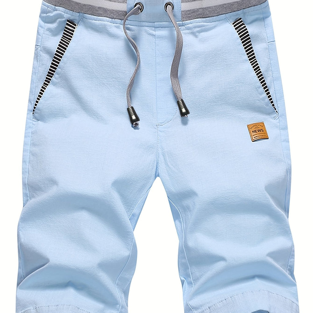 Men's 2-in-1 Look Spliced Casual Shorts with Drawstring Waist, Label Patch, Summer Short Straight-Leg Beach Casual Sport Daily Knee-Length Pants