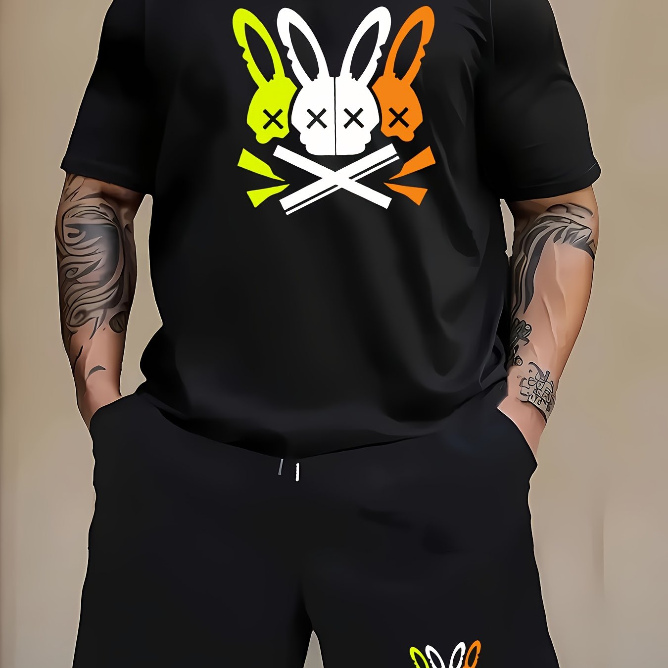 New Men's leisure sports and leisure suit crew neck t-shirt short sleeves + shorts, CALVIN letter geometric lines decorative printing, fashionable, comfortable and breathable, suitable for outdoor activities summer two