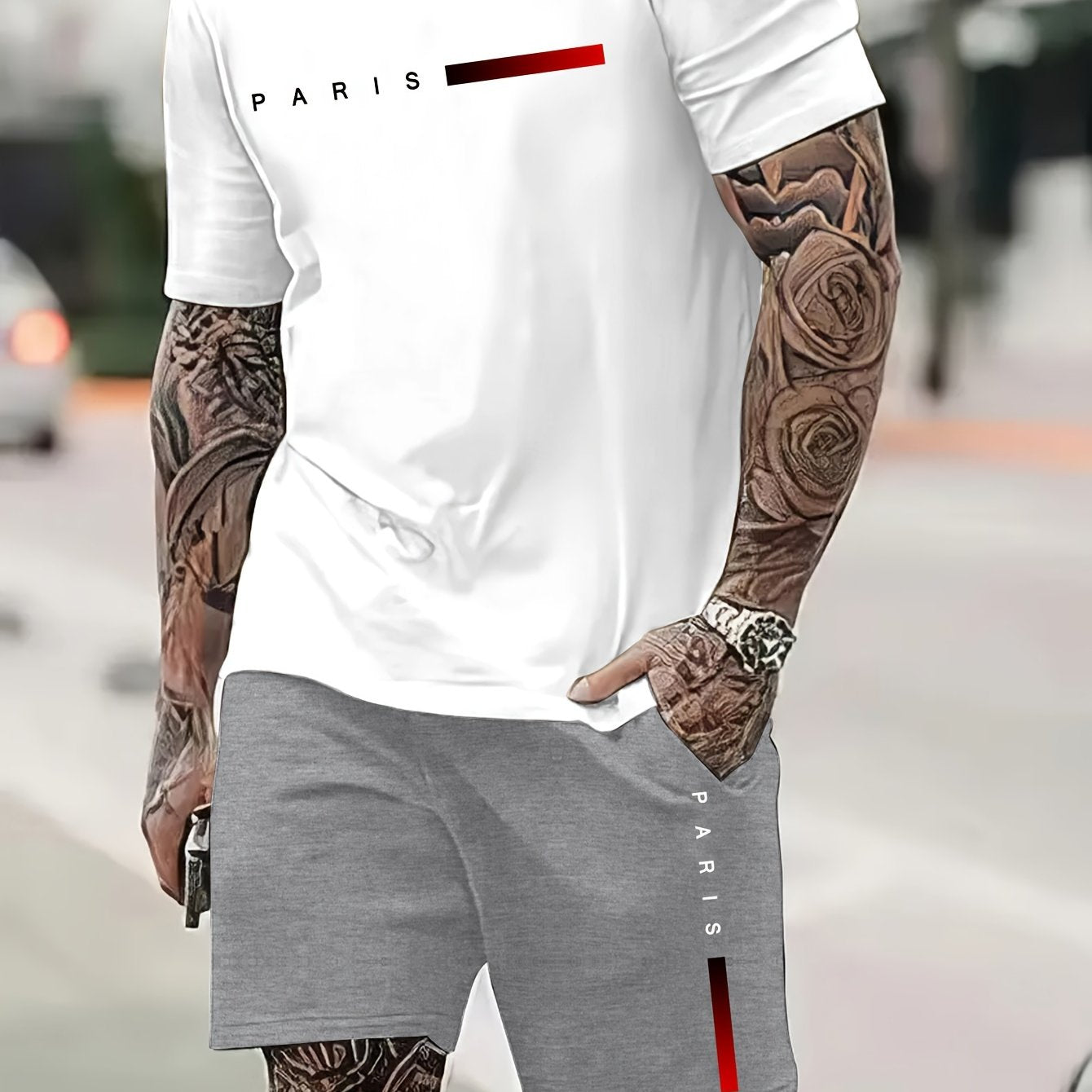2Pcs Summer Comfy Outfits - Paris Pattern Print Short Sleeve Crew Neck T-shirt & Jogger Shorts Set for Men - Soft Slight Stretch Polyester Fabric, Regular Fit, Hand Washable, Casual Style