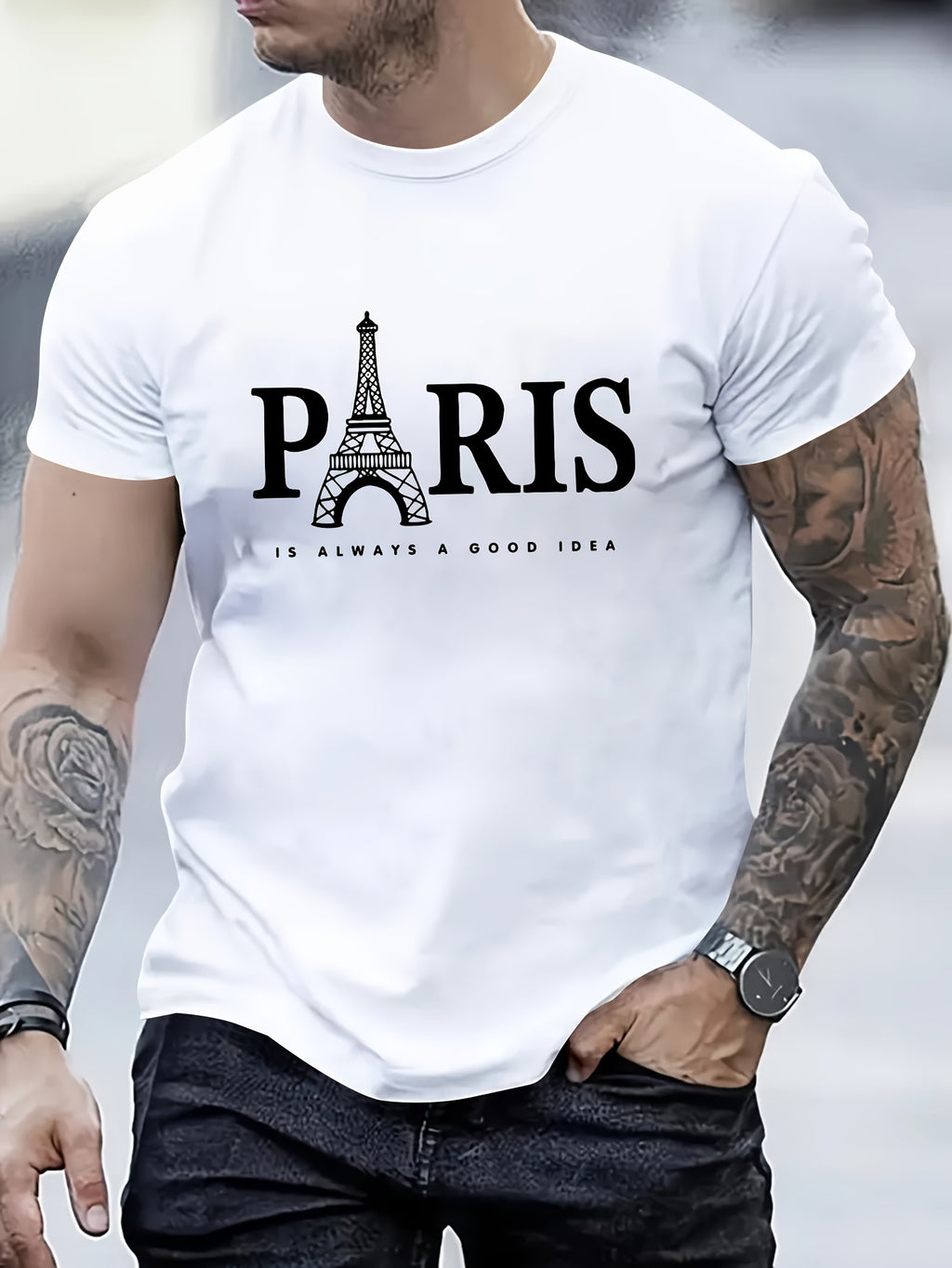 Paris Tower Printed Men's Casual Trendy Fashion Crew Neck T-shirt