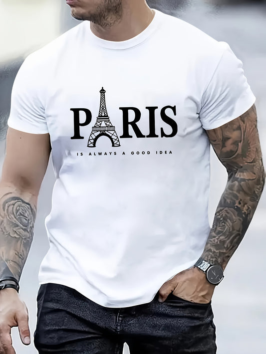 Paris Tower Printed Men's Casual Trendy Fashion Crew Neck T-shirt