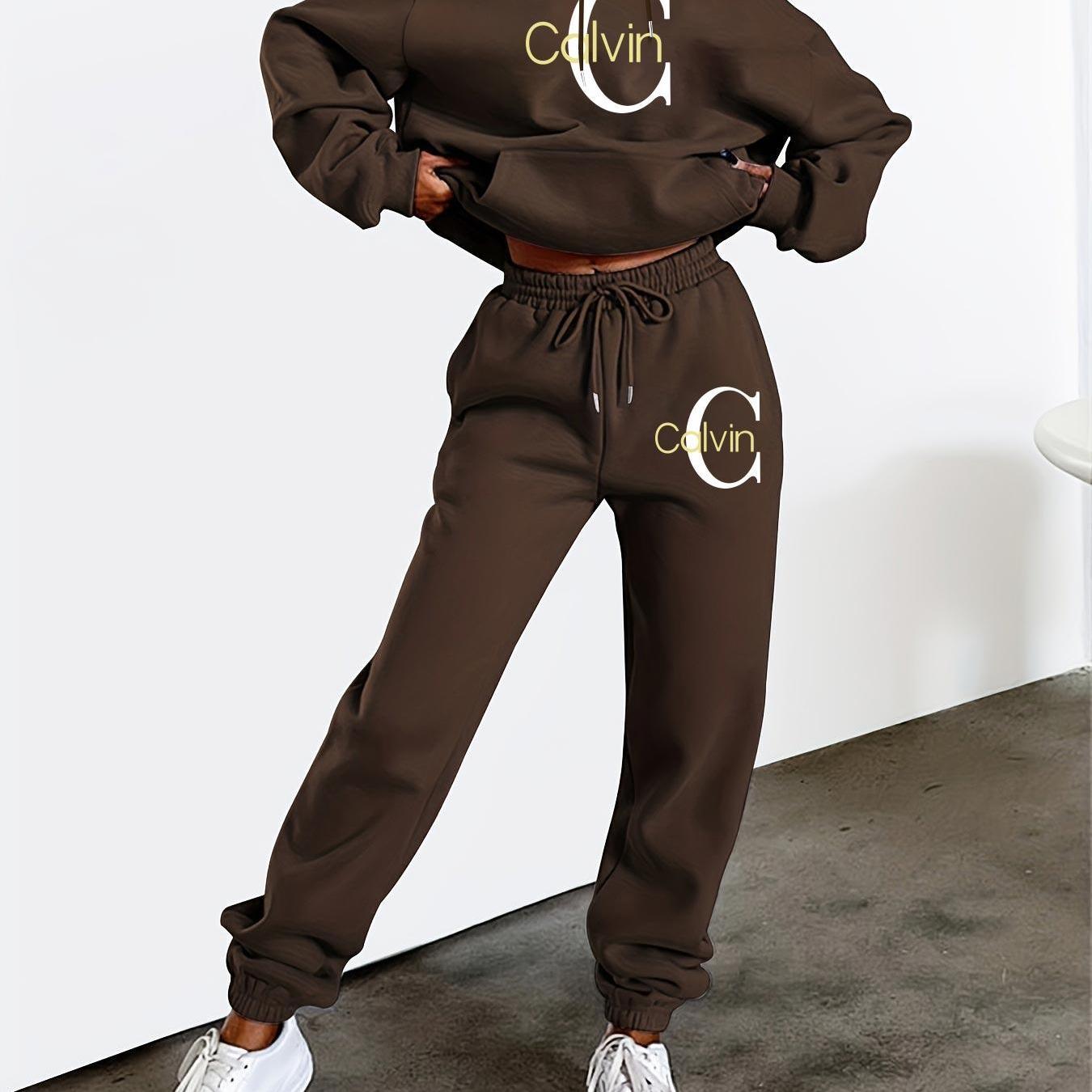 Women'S Printed Sweatshirt & Pants Set - Gray Pullover with "Calvin" Logo, Kangaroo Pocket, Machine Washable, Casual Wear, Casual Wear|Graphic Hoodie|Machine Washable Top, Sweater Hoodie