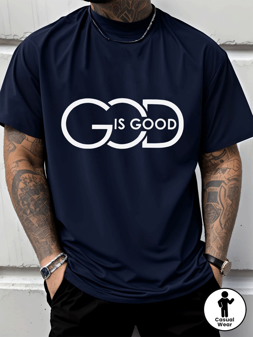 Men'S Casual Graphic Tee Featuring a Crew Neck Design with The Phrase 'God Is Good', Perfect for Street Style Fashion