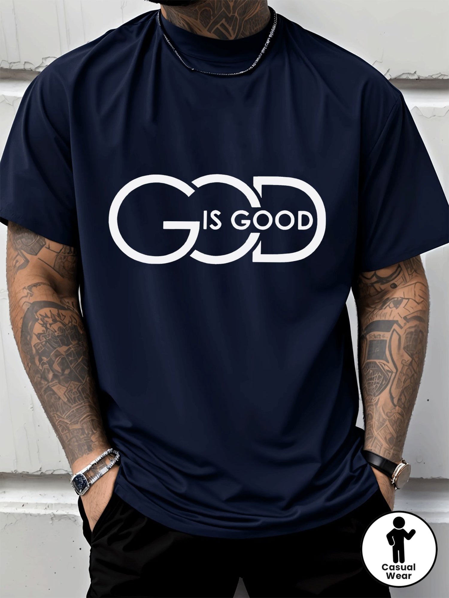 Men'S Casual Graphic Tee Featuring a Crew Neck Design with The Phrase 'God Is Good', Perfect for Street Style Fashion