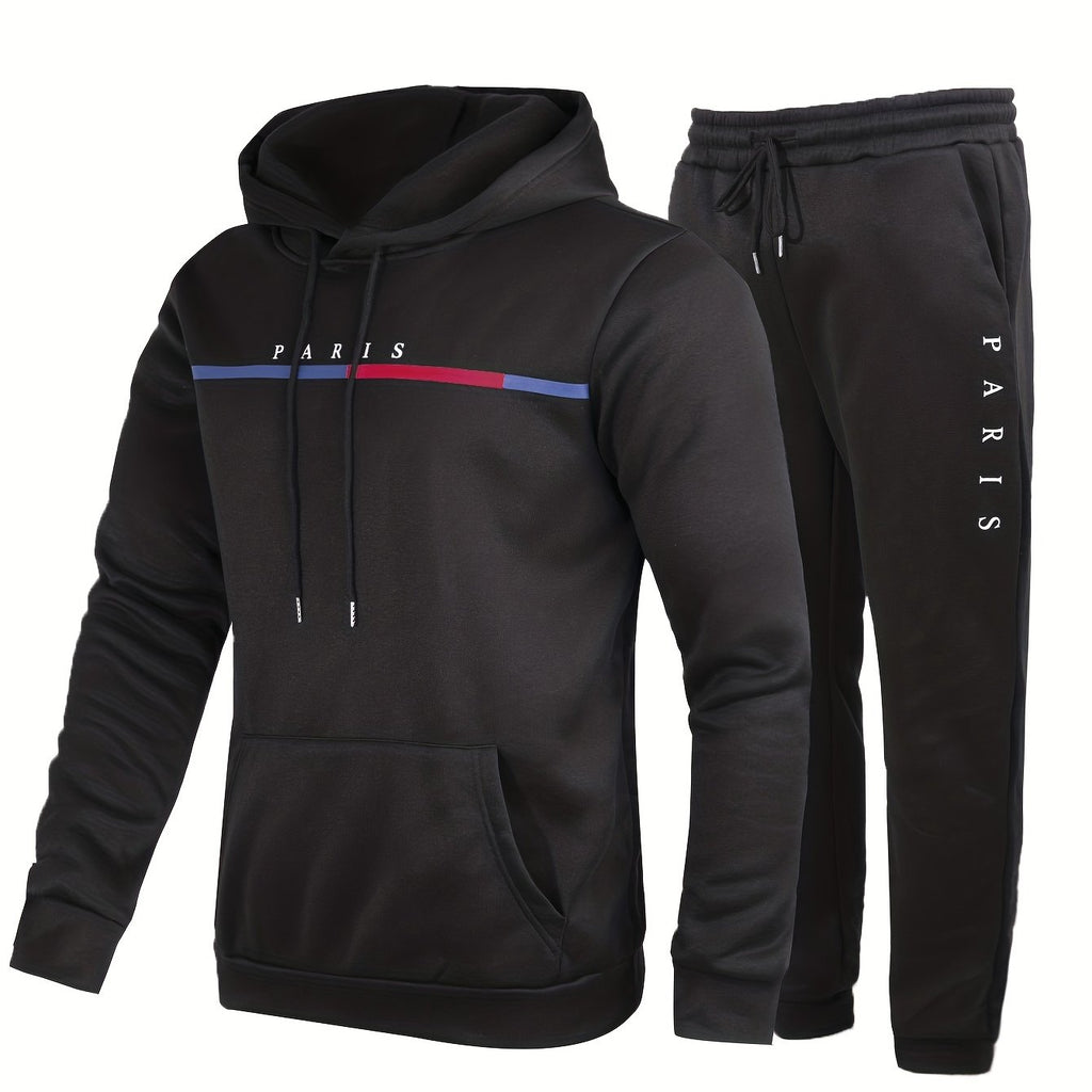 Paris Print, Men's 2Pcs Outfits, Casual Hoodies Long Sleeve Pullover Hooded Sweatshirt And Sweatpants Joggers Set For Spring Fall, Men's Clothing