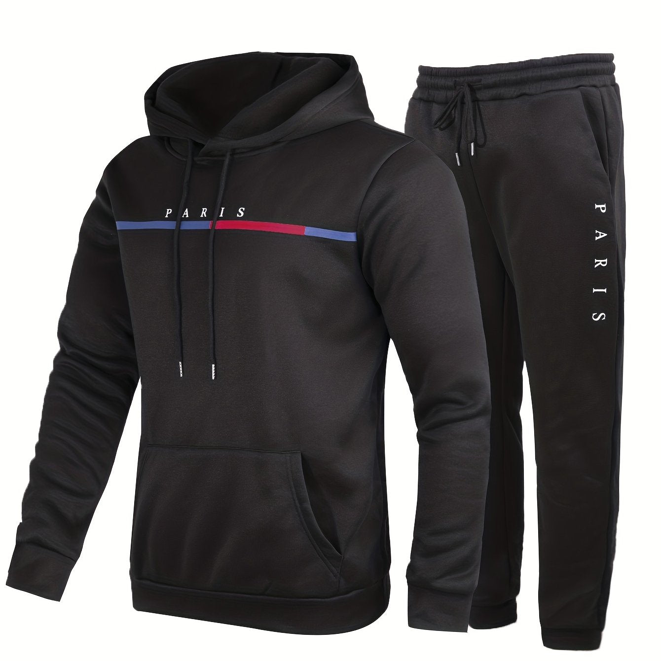 Paris Print, Men's 2Pcs Outfits, Casual Hoodies Long Sleeve Pullover Hooded Sweatshirt And Sweatpants Joggers Set For Spring Fall, Men's Clothing