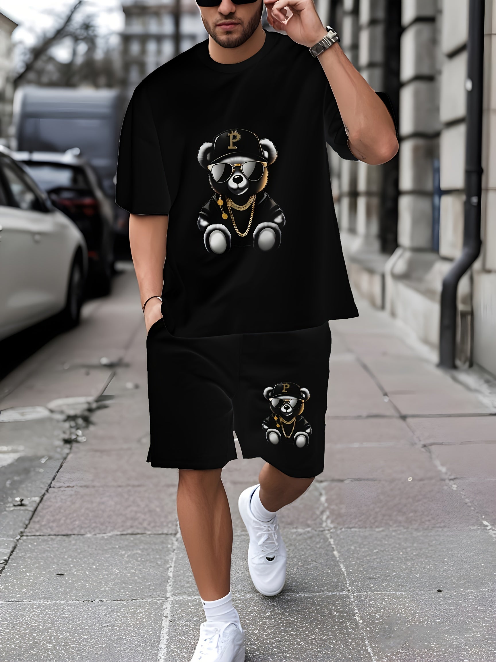 New Men's leisure sports and leisure suit crew neck t-shirt short sleeves + shorts, CALVIN letter geometric lines decorative printing, fashionable, comfortable and breathable, suitable for outdoor activities summer two