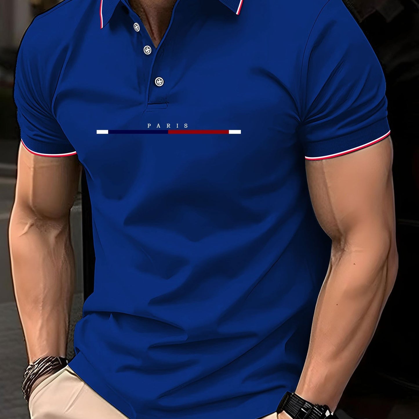 Men'S Stylish Black Polo Shirt with "PARIS" Print - Red & White Stripes, Casual Summer Wear, Breathable & Comfortable, Perfect for Outdoor Activities & Casual Events, Casual Summer Shirt|Stylish Casualwear|Comfortable Fit